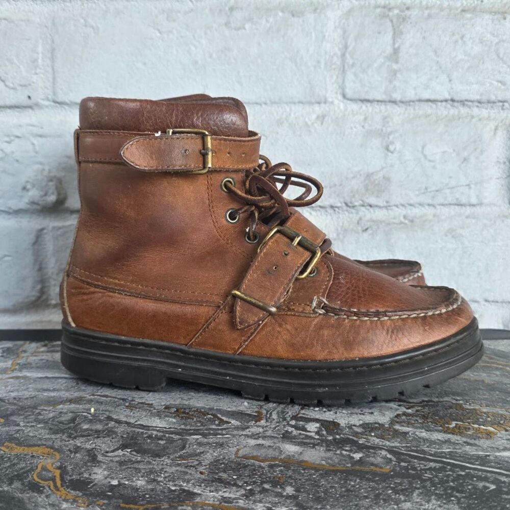 Ralph Lauren Sport Ranger Boots Brown Leather Ankle Buckle Moc Toe Womens SZ 8 B